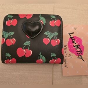 Betsey Johnson NWTCherry Print Black Wallet with Heart Accent